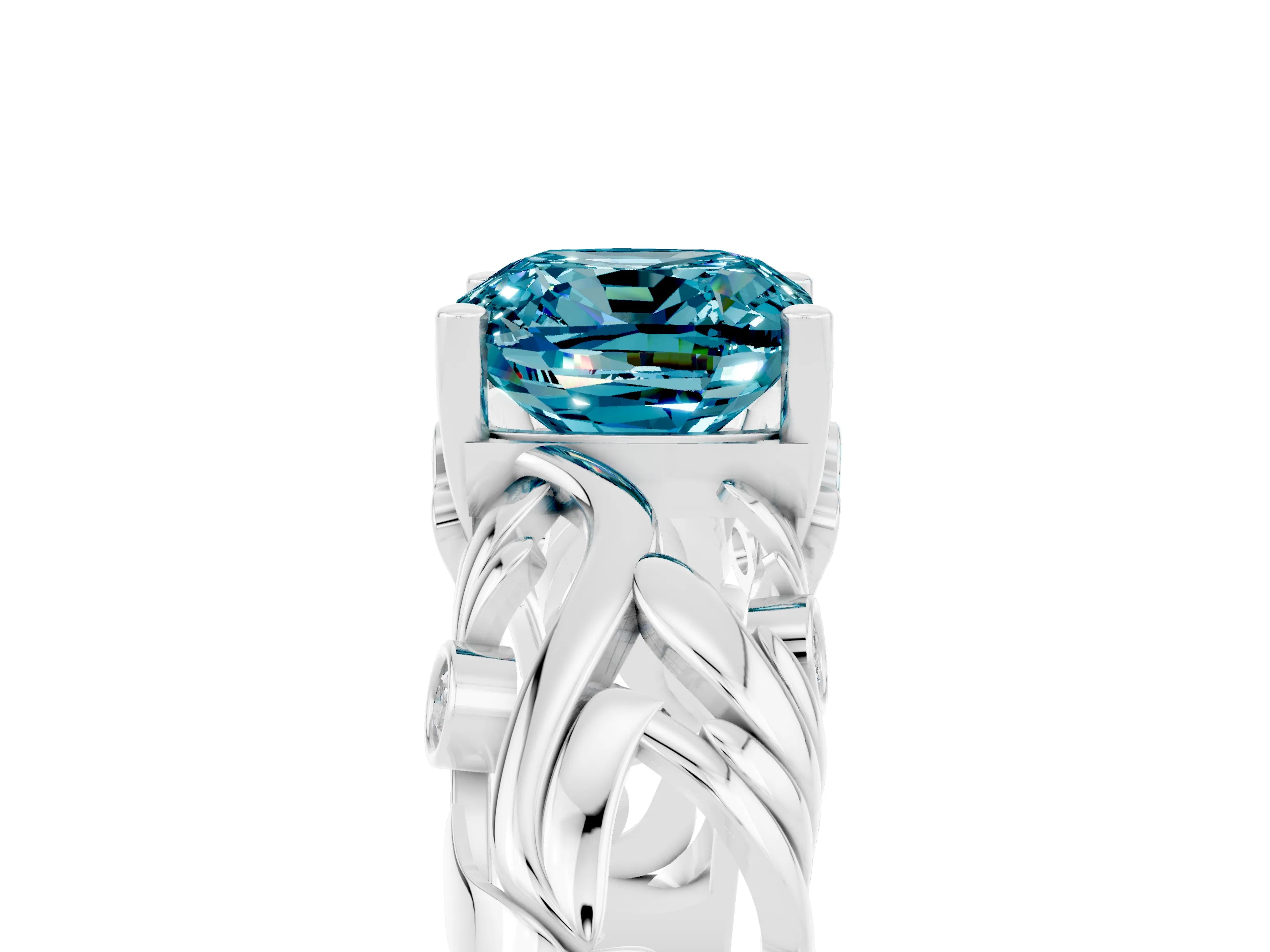White gold Cushion Cut Solitaire Blue Topaz Leaf-Inspired Vine Band Ring with Prong Setting_5