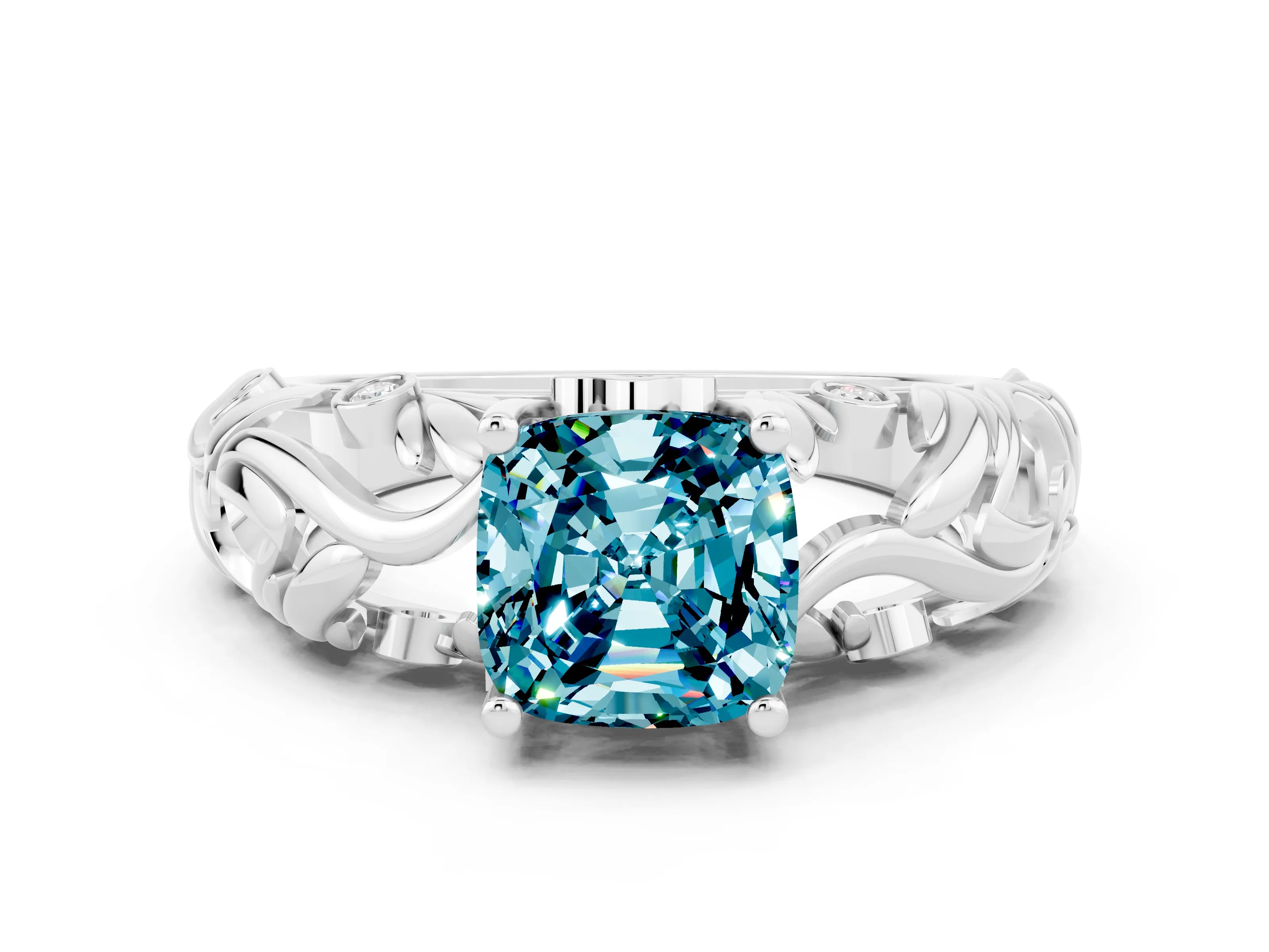 White gold Cushion Cut Solitaire Blue Topaz Leaf-Inspired Vine Band Ring with Prong Setting