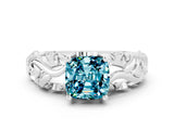 White gold Cushion Cut Solitaire Blue Topaz Leaf-Inspired Vine Band Ring with Prong Setting