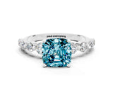 White gold Cushion Cut Solitaire Blue Topaz Ring with Pave Band and Four-Prong Setting