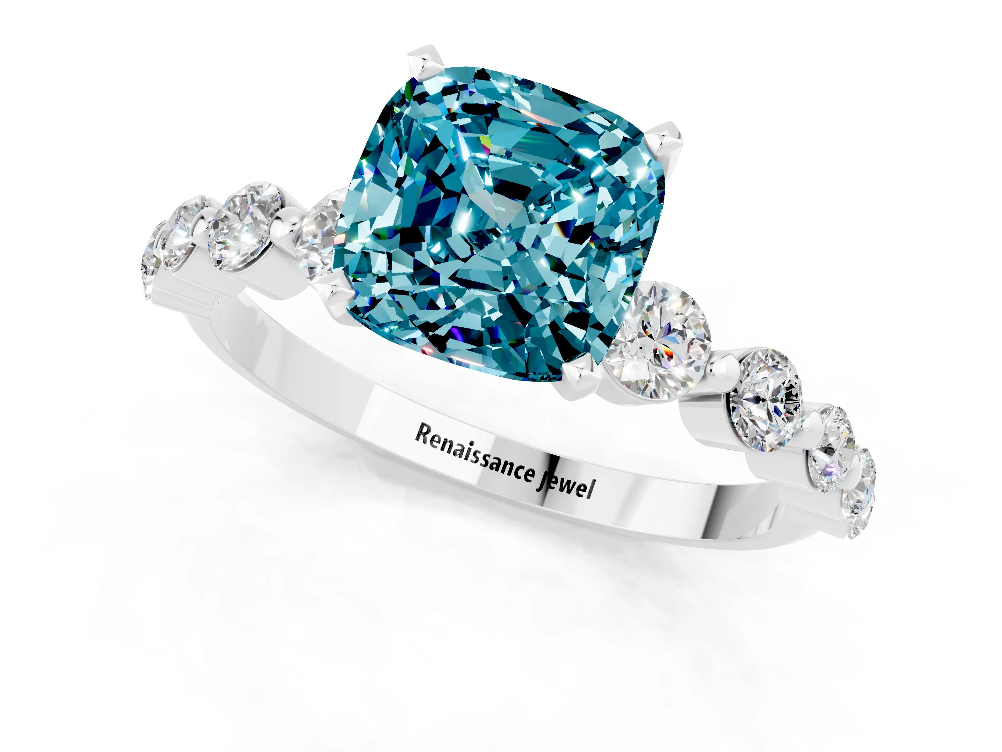 White gold Cushion Cut Solitaire Blue Topaz Ring with Pave Band and Four-Prong Setting_1