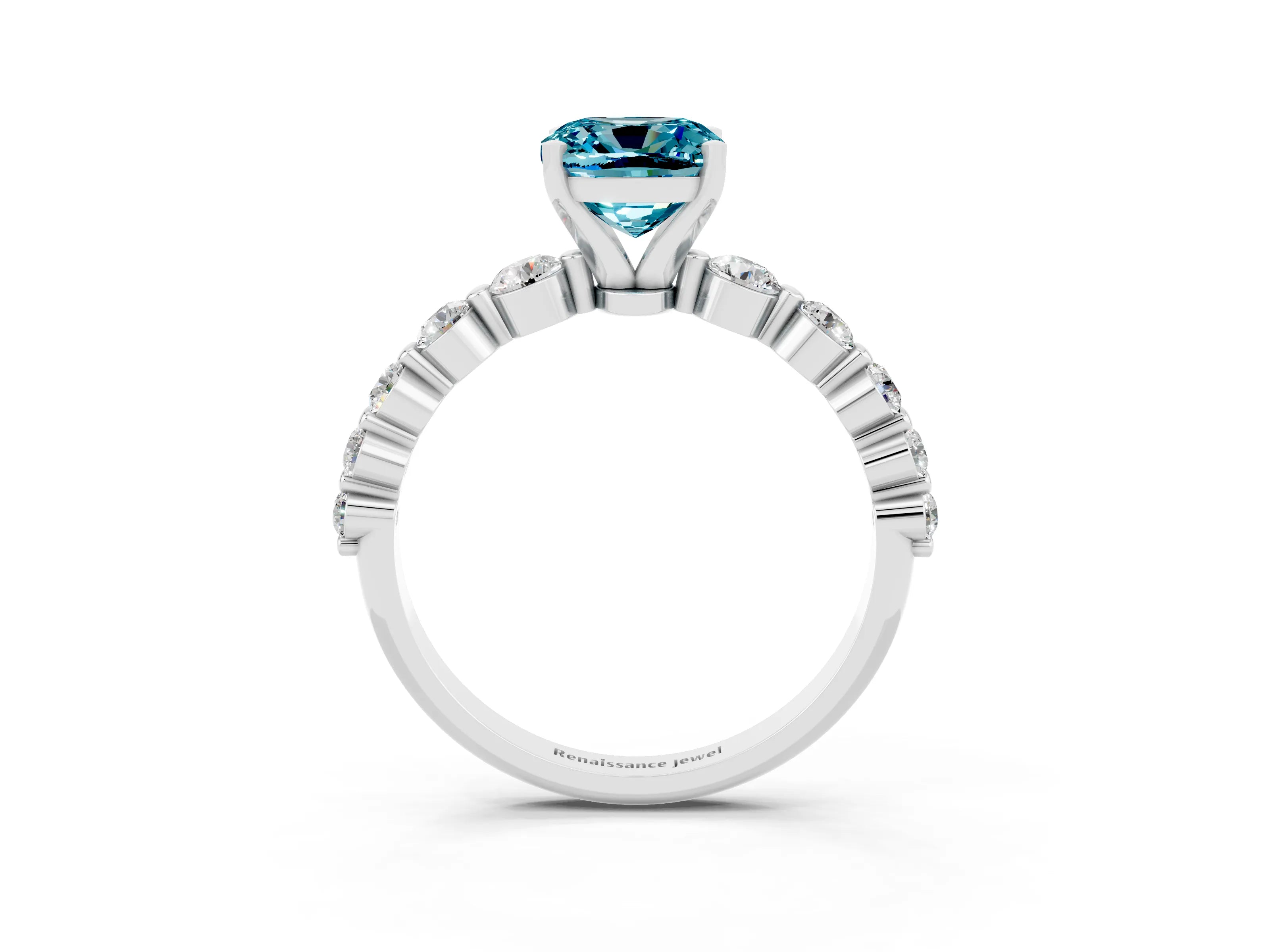 White gold Cushion Cut Solitaire Blue Topaz Ring with Pave Band and Four-Prong Setting_3