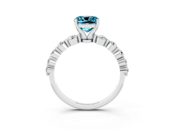Silver Cushion Cut Solitaire Blue Topaz Ring with Pave Band and Four-Prong Setting