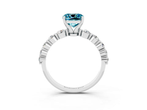 White gold Cushion Cut Solitaire Blue Topaz Ring with Pave Band and Four-Prong Setting_3