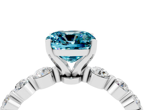 White gold Cushion Cut Solitaire Blue Topaz Ring with Pave Band and Four-Prong Setting_4