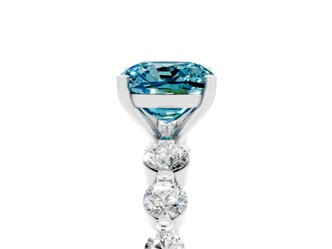 White gold Cushion Cut Solitaire Blue Topaz Ring with Pave Band and Four-Prong Setting_5