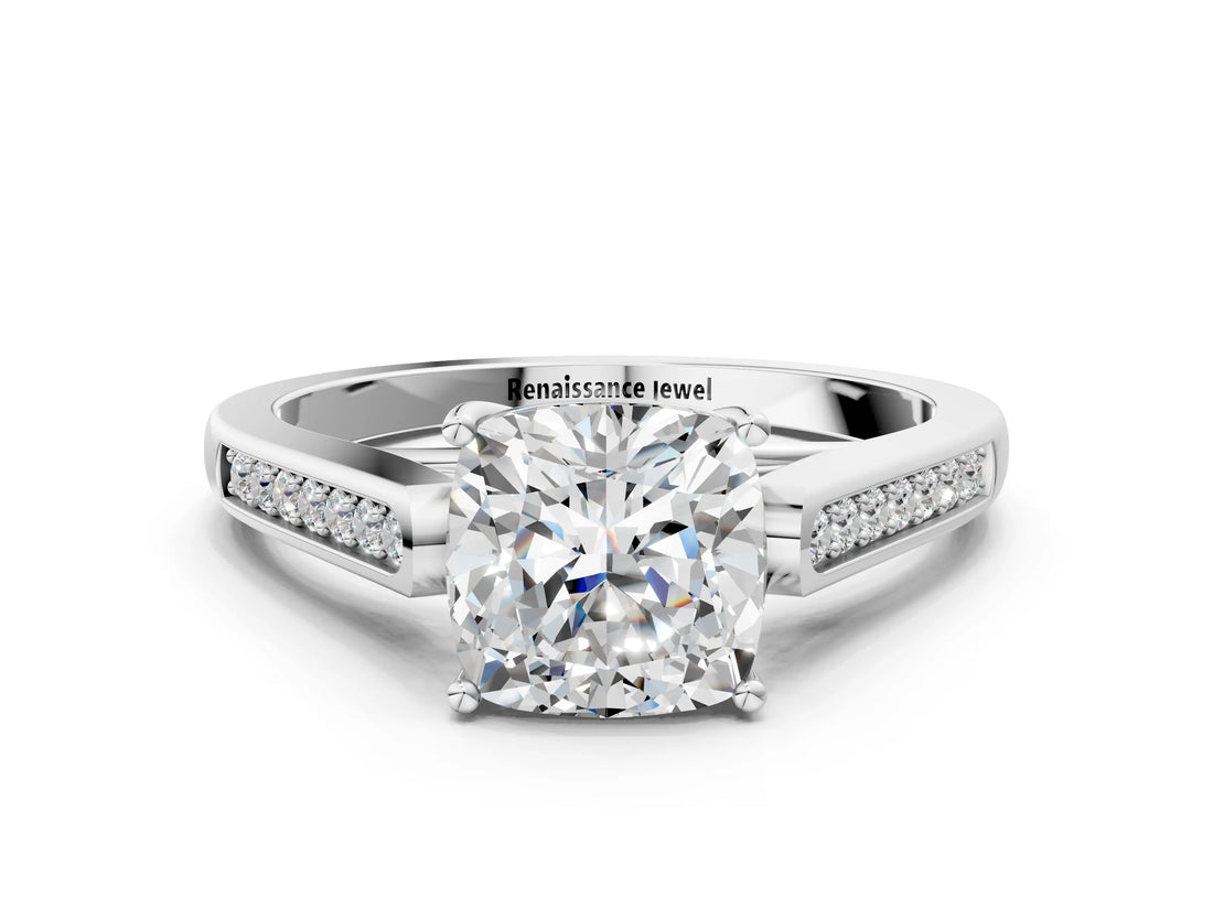 White gold Cushion Cut Solitaire Cathedral Diamond Engagement Ring with Channel-Set Band and Four-Prong Setting_3
