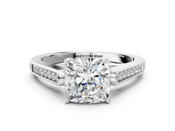 White gold Cushion Cut Solitaire Cathedral Diamond Engagement Ring with Channel-Set Band and Four-Prong Setting
