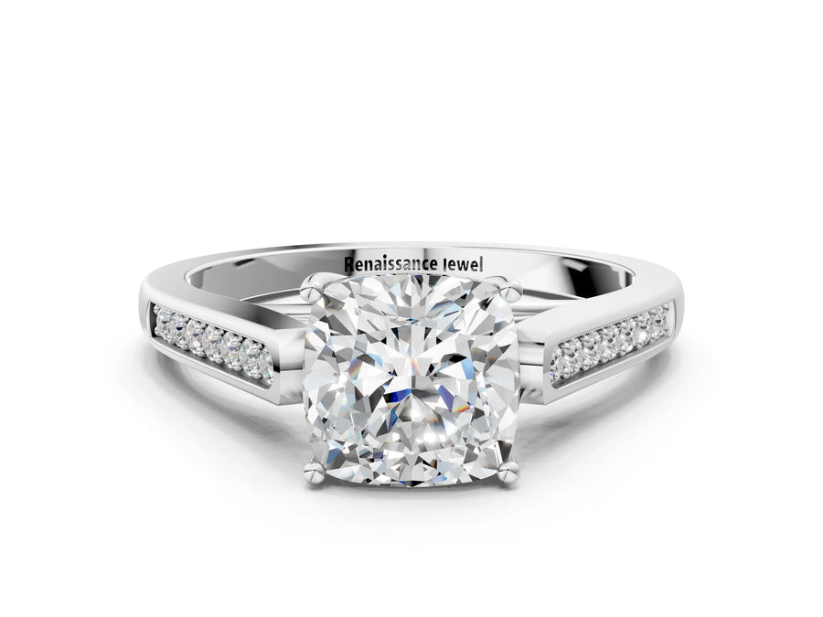 White gold Cushion Cut Solitaire Cathedral Diamond Engagement Ring with Channel-Set Band and Four-Prong Setting