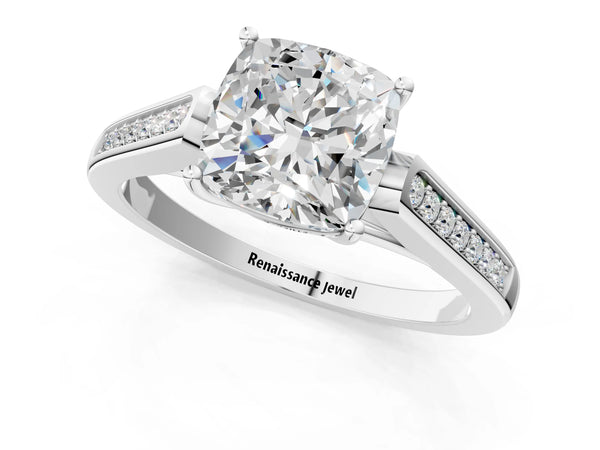 White gold Cushion Cut Solitaire Cathedral Diamond Engagement Ring with Channel-Set Band and Four-Prong Setting