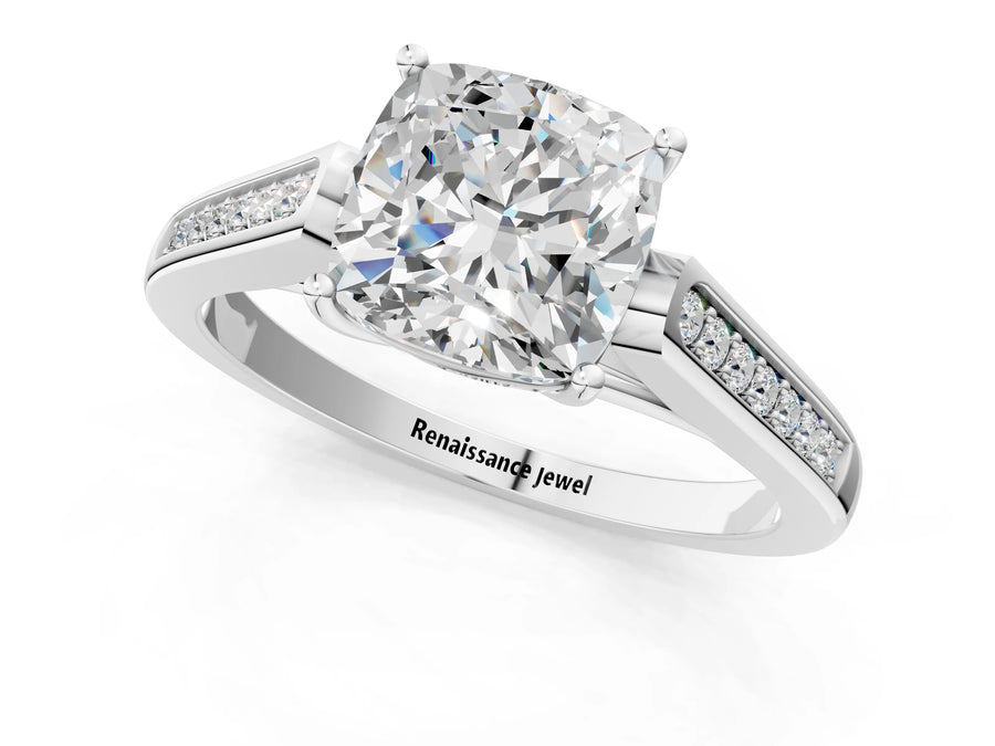 White gold Cushion Cut Solitaire Cathedral Diamond Engagement Ring with Channel-Set Band and Four-Prong Setting