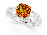 White gold Cushion Cut Solitaire Citrine Leaf-Inspired Vine Band Ring with Prong Setting_1