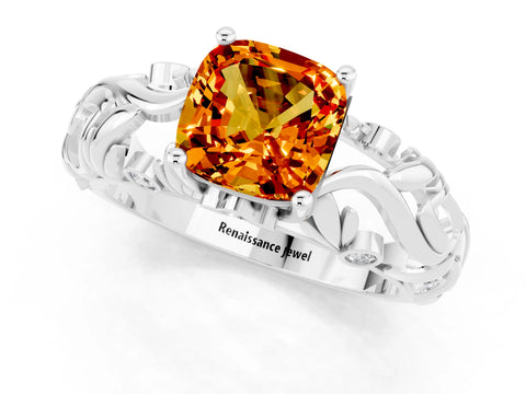 White gold Cushion Cut Solitaire Citrine Leaf-Inspired Vine Band Ring with Prong Setting_1