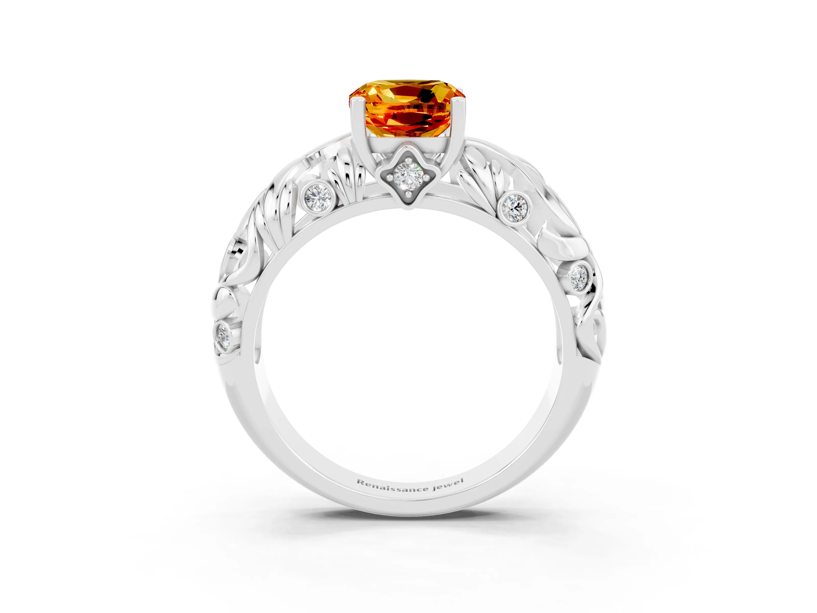 White gold Cushion Cut Solitaire Citrine Leaf-Inspired Vine Band Ring with Prong Setting_3