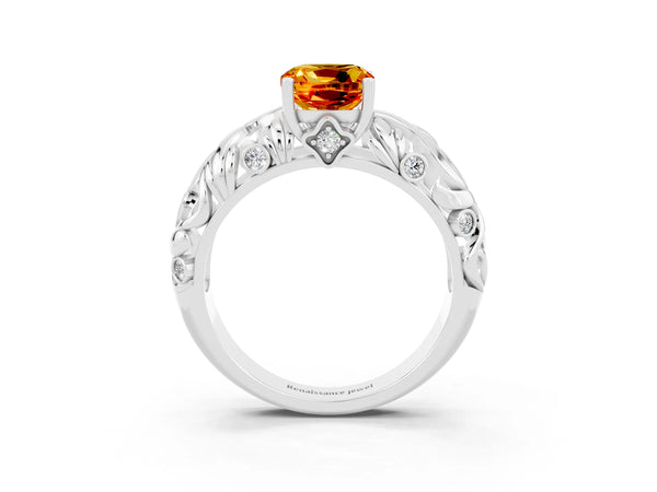 White gold Cushion Cut Solitaire Citrine Leaf-Inspired Vine Band Ring with Prong Setting