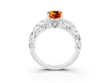 White gold Cushion Cut Solitaire Citrine Leaf-Inspired Vine Band Ring with Prong Setting_3