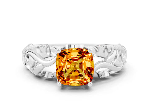 White gold Cushion Cut Solitaire Citrine Leaf-Inspired Vine Band Ring with Prong Setting