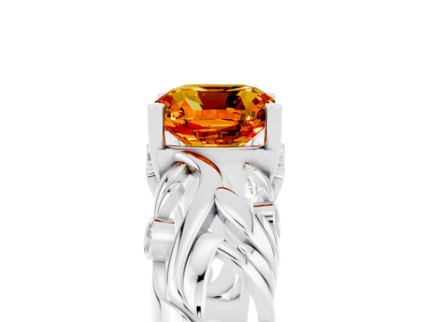 White gold Cushion Cut Solitaire Citrine Leaf-Inspired Vine Band Ring with Prong Setting_5