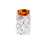 White gold Cushion Cut Solitaire Citrine Leaf-Inspired Vine Band Ring with Prong Setting_5