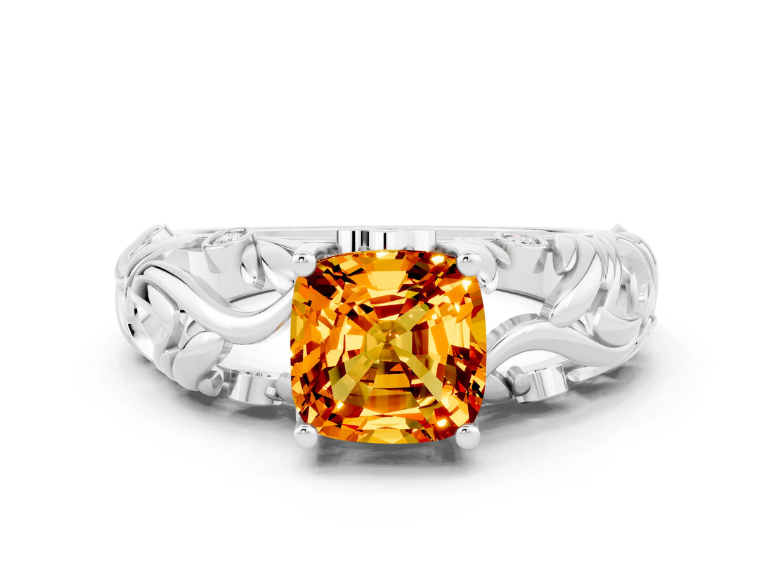 White gold Cushion Cut Solitaire Citrine Leaf-Inspired Vine Band Ring with Prong Setting
