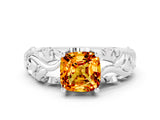 White gold Cushion Cut Solitaire Citrine Leaf-Inspired Vine Band Ring with Prong Setting