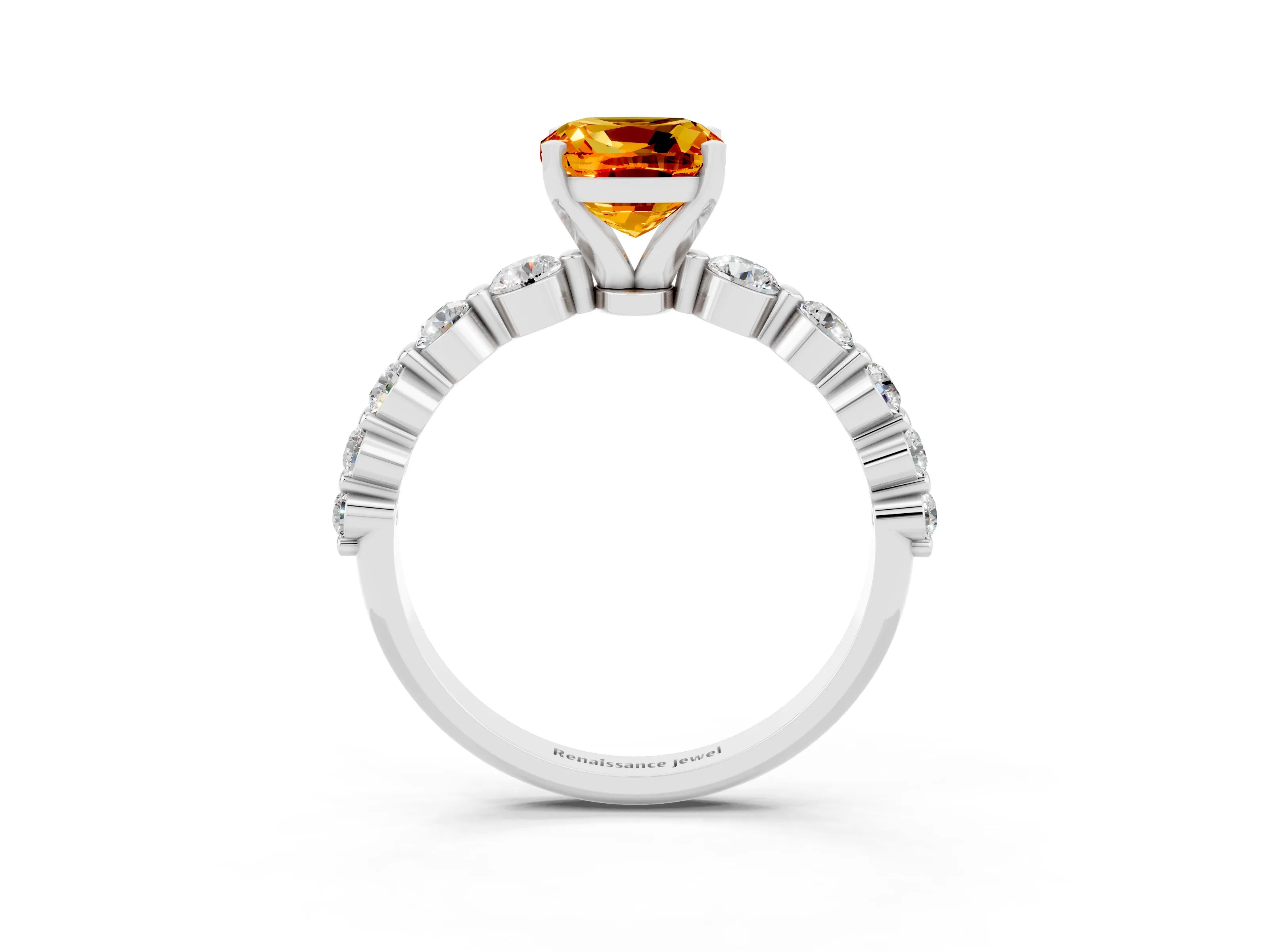 White gold Cushion Cut Solitaire Citrine Ring with Pave Band and Four-Prong Setting_3