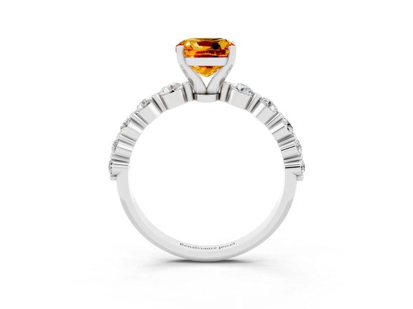 White gold Cushion Cut Solitaire Citrine Ring with Pave Band and Four-Prong Setting
