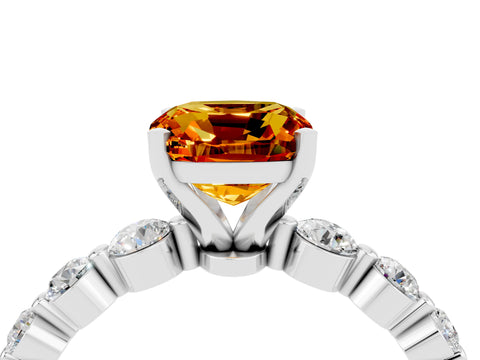 White gold Cushion Cut Solitaire Citrine Ring with Pave Band and Four-Prong Setting_4