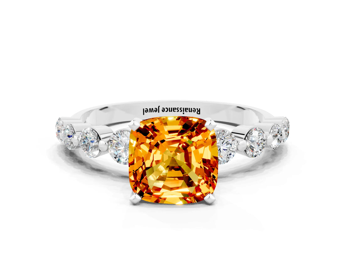 White gold Cushion Cut Solitaire Citrine Ring with Pave Band and Four-Prong Setting