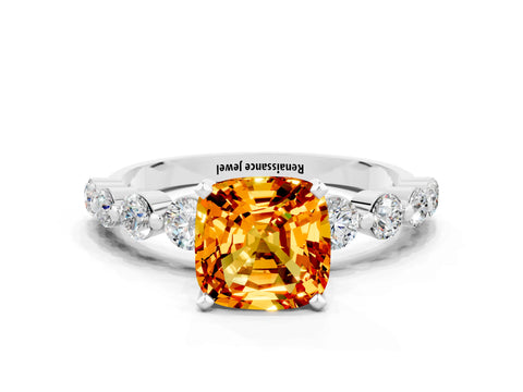 White gold Cushion Cut Solitaire Citrine Ring with Pave Band and Four-Prong Setting