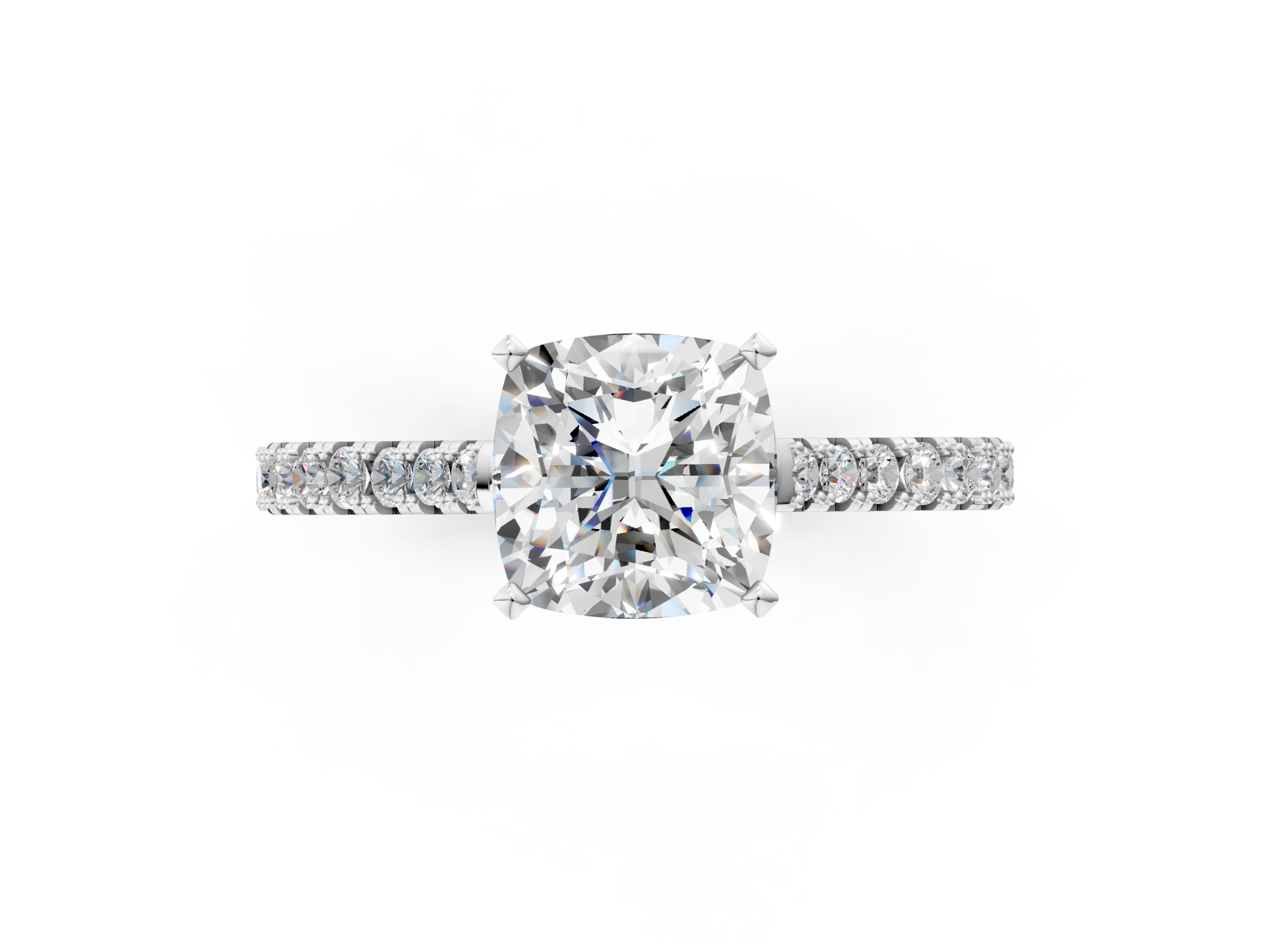 White gold Cushion Cut Solitaire Diamond Engagement Ring with Pave Band and Four-Prong Setting_163