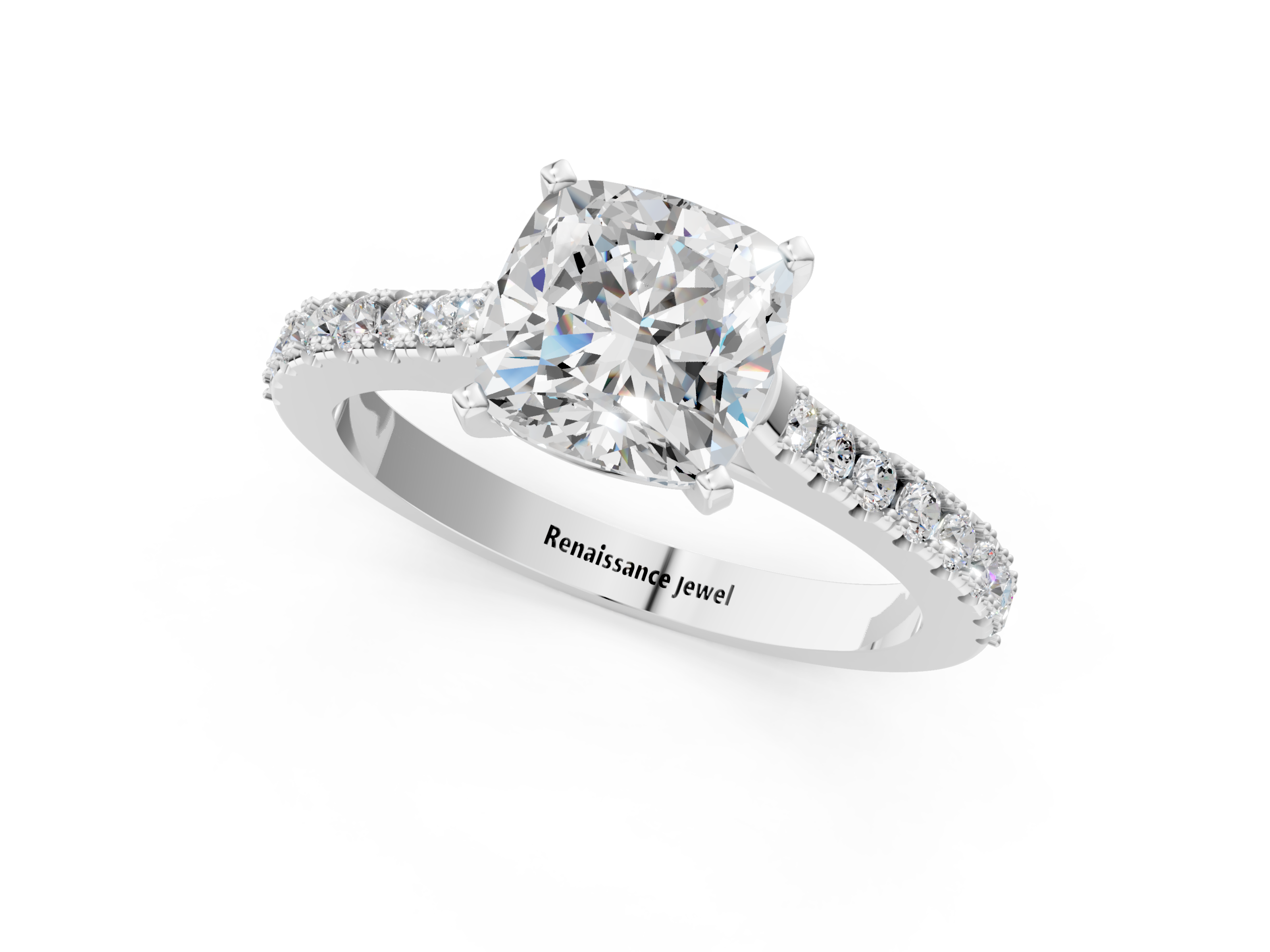 White gold Cushion Cut Solitaire Diamond Engagement Ring with Pave Band and Four-Prong Setting_164