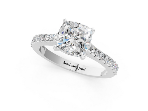 White gold Cushion Cut Solitaire Diamond Engagement Ring with Pave Band and Four-Prong Setting_164