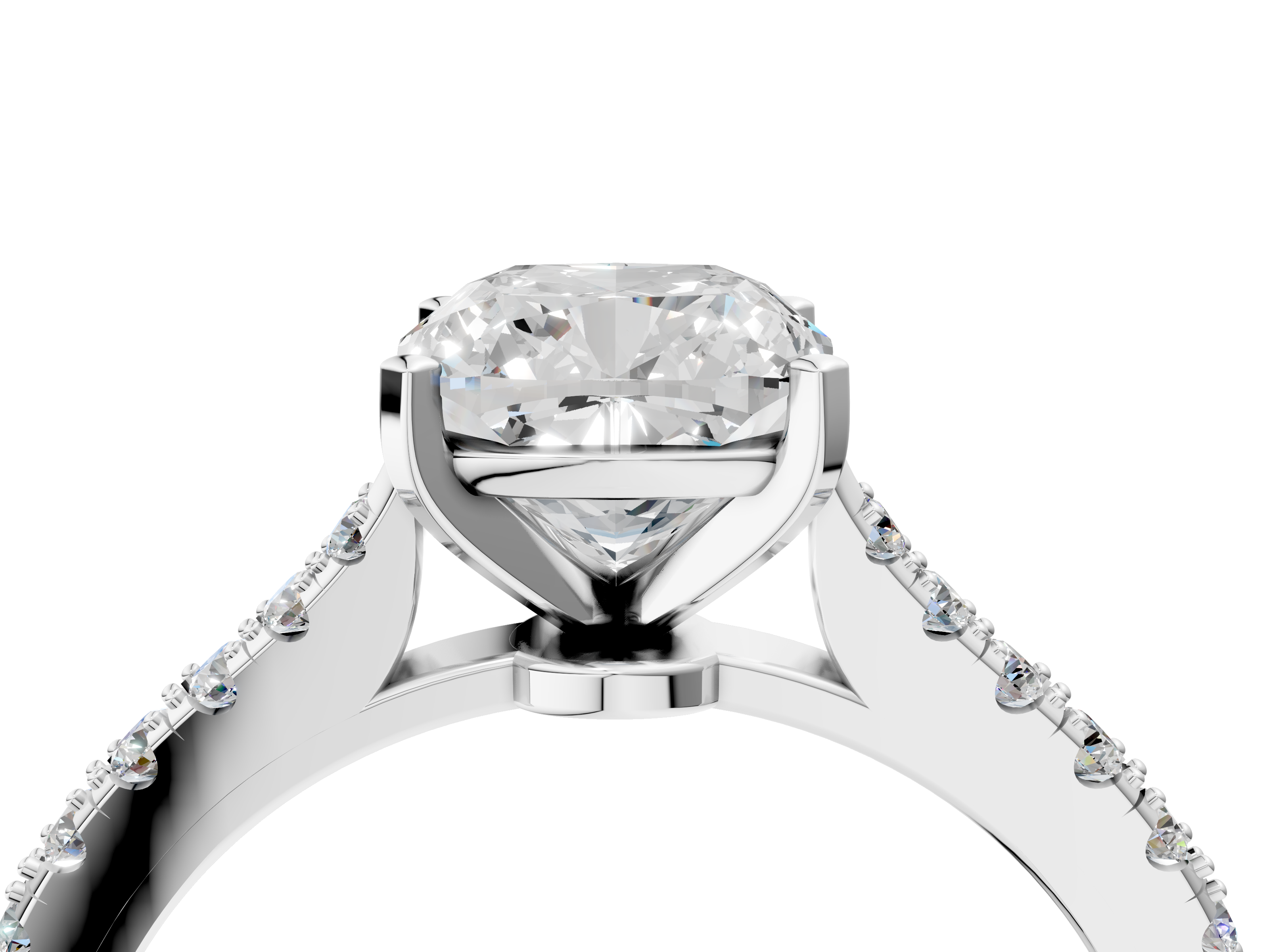 White gold Cushion Cut Solitaire Diamond Engagement Ring with Pave Band and Four-Prong Setting_167