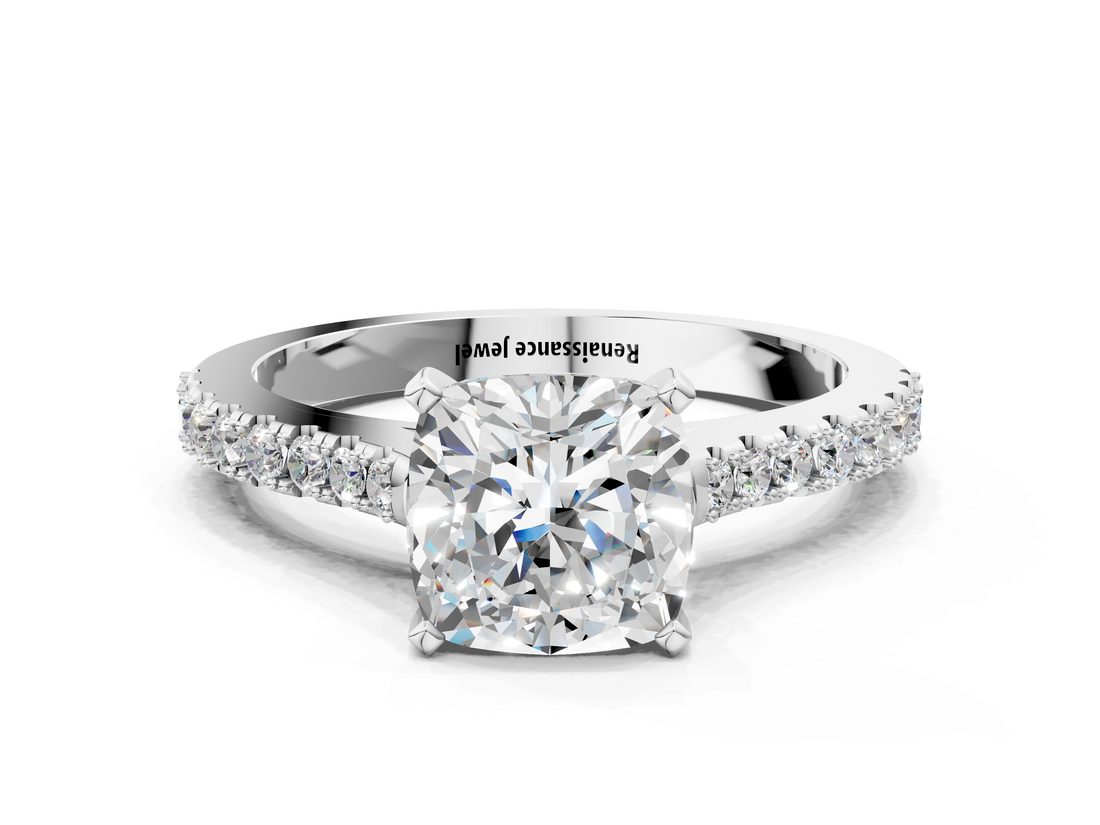 White gold Cushion Cut Solitaire Diamond Engagement Ring with Pave Band and Four-Prong Setting_198