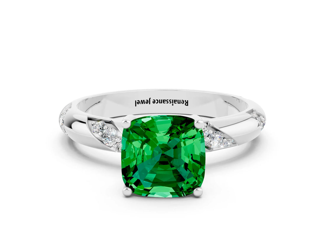 White gold Cushion Cut Solitaire Diamond Engagement Ring with Twisted Pave Band and Four-Prong Setting