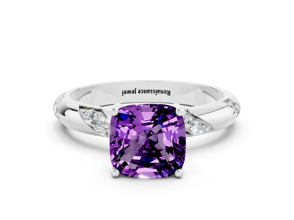 White gold Cushion Cut Amethyst Solitaire Engagement Ring with Twisted Round  Accent Band and Prong Setting