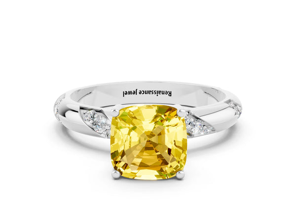 Platinum Cushion Cut Yellow Sapphire Solitaire Engagement Ring with Twisted Round  Accent Band and Prong Setting
