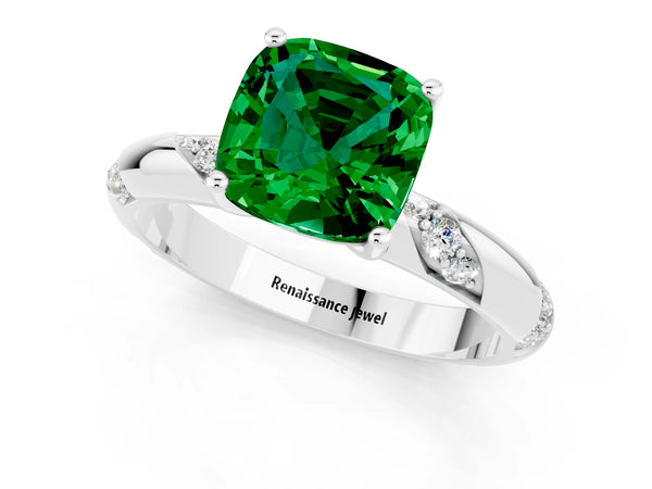 Platinum Cushion Cut Emerald Solitaire Engagement Ring with Twisted Round  Accent Band and Prong Setting