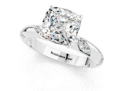 White gold Cushion Cut Solitaire Diamond Engagement Ring with Twisted Pave Band and Four-Prong Setting_1