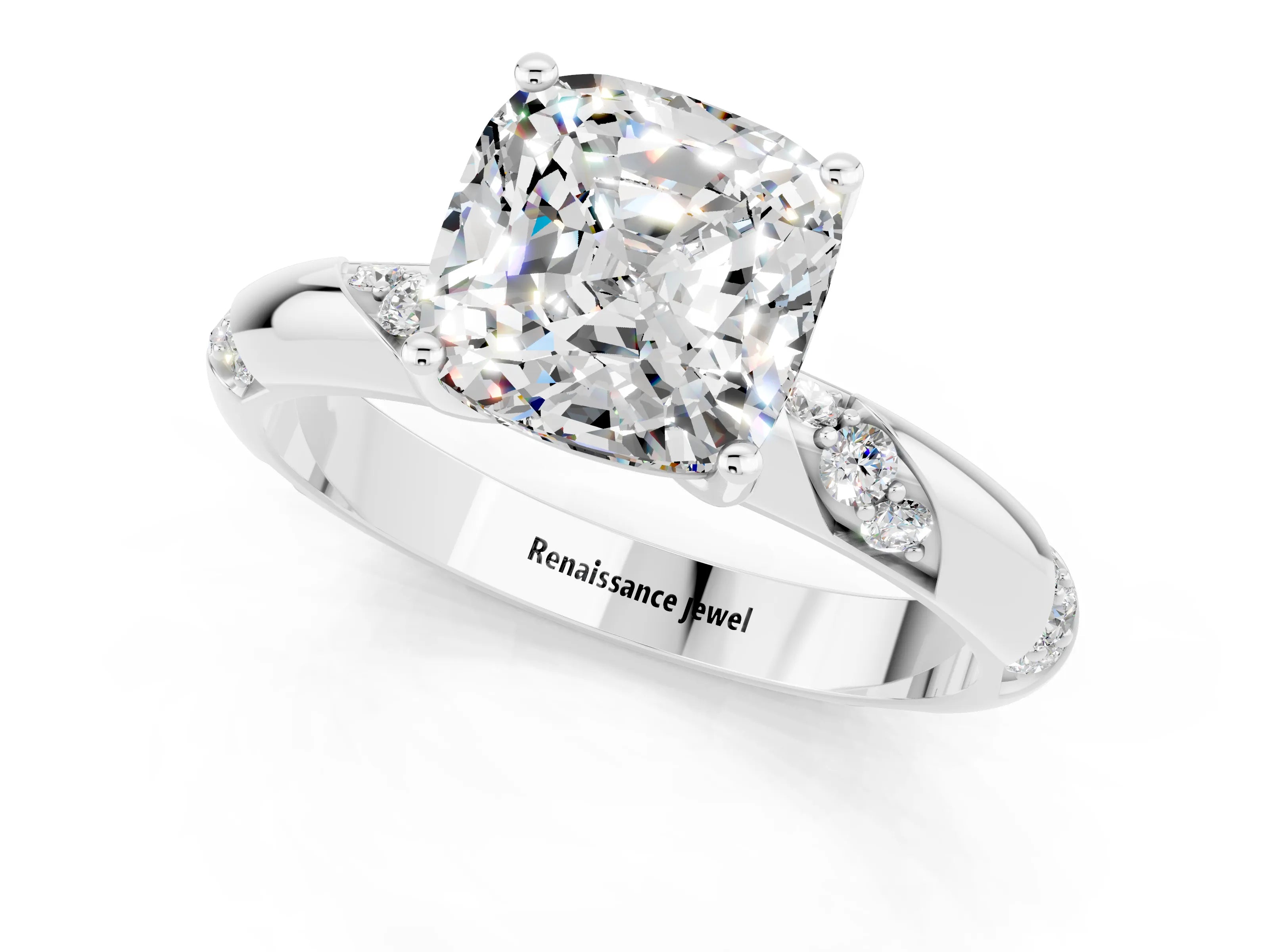 White gold Cushion Cut Solitaire Diamond Engagement Ring with Twisted Pave Band and Four-Prong Setting_1