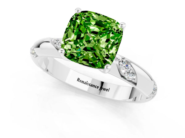 Silver Cushion Cut Solitaire Diamond Engagement Ring with Twisted Pave Band and Four-Prong Setting