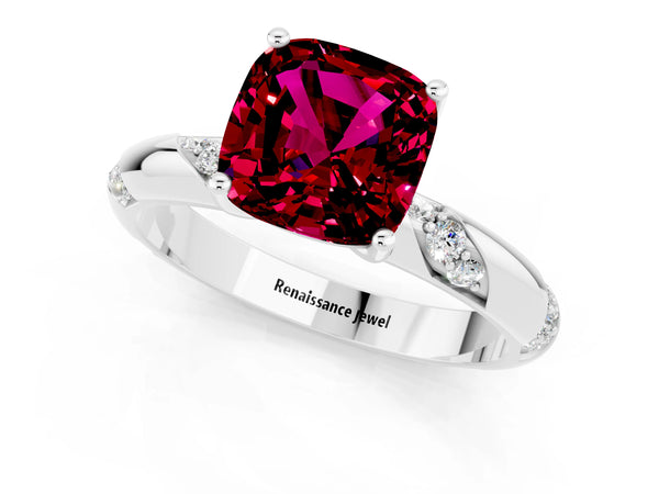 Silver Cushion Cut Garnet Solitaire Engagement Ring with Twisted Round  Accent Band and Prong Setting