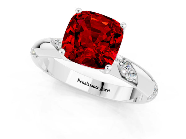 Silver Cushion Cut Ruby Solitaire Engagement Ring with Twisted Round  Accent Band and Prong Setting