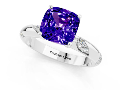 White gold Cushion Cut Solitaire Diamond Engagement Ring with Twisted Pave Band and Four-Prong Setting_1