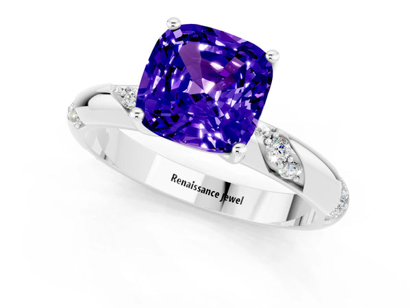 Platinum Cushion Cut Tanzanite Solitaire Engagement Ring with Twisted Round  Accent Band and Prong Setting