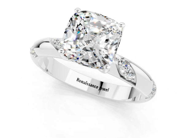 White gold Cushion Cut Moissanite Solitaire Engagement Ring with Twisted Round  Accent Band and Prong Setting