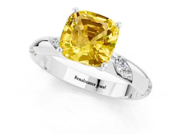 Silver Cushion Cut Yellow Sapphire Solitaire Engagement Ring with Twisted Round  Accent Band and Prong Setting