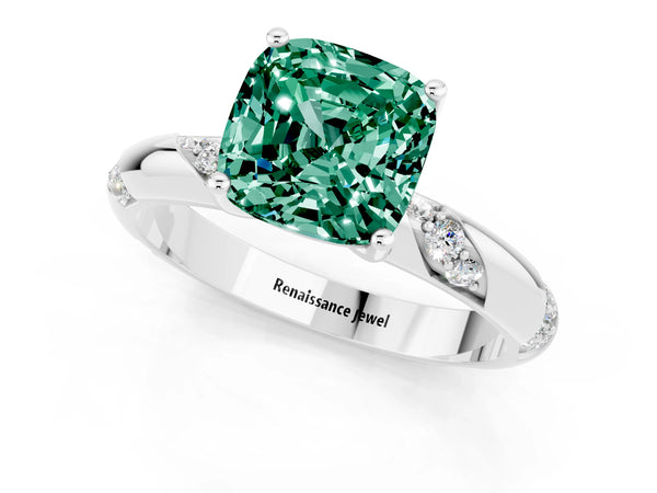 White gold Cushion Cut Green Sapphire Solitaire Engagement Ring with Twisted Round  Accent Band and Prong Setting