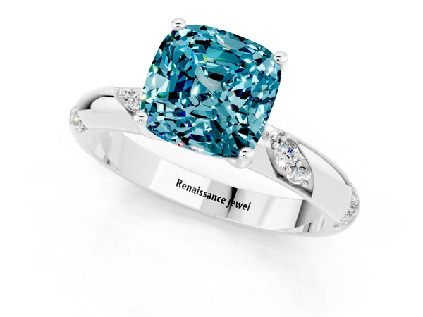 Platinum Cushion Cut Solitaire Diamond Engagement Ring with Twisted Pave Band and Four-Prong Setting